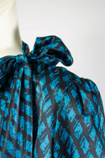 working girl 1980s top blouse puff sleeves pussy bow black aqua print satin S to M 40 inch bust working girl 1980s top blouse puff sleeves pussy bow black aqua print satin S to M 40 inch bust