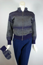 handknit wool traditional Norwegian pattern cardigan ski sweater 1930s 1940s zip front size S-M 38 chest