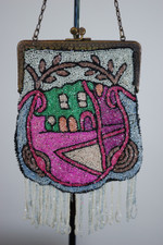 bright pink green glass beaded handbag 1920s evening bag purse Art Deco Futurist design