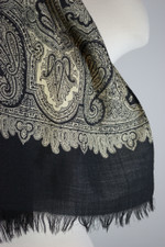 cream black paisley print hand-blocked lightweight cashmere scarf 1950s mens unisex