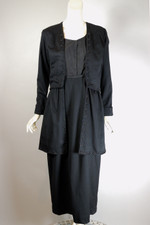 Antique late 1910s WWI-era black wool suit-style day dress with peplum XS to S 28 inch waist