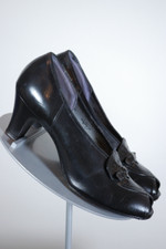 Chunky heeled 1940s 1950s womens shoes black leather peeptoe pumps size 8 8.5 narrow