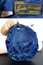 vintage fascinator late 1930s 1940s blue velvet tilt doll hat mini pillbox with back of head strap