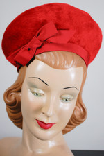 tall bubble crown beret hat 1960s red fuzzy fur felt grosgrain bow trim