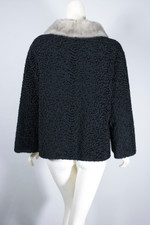 Black faux fur curly lamb jacket 1960s short evening coat silver mink collar XS-S