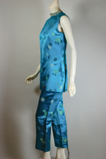 sleeveless tunic or minidress 1960s pantsuit set cropped pant XS S 26 inch waist aqua blue satin