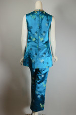 sleeveless tunic or minidress 1960s pantsuit set cropped pant XS S 26 inch waist aqua blue satin