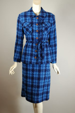vintage skirt suit 1950s blue plaid ladies S M 37 bust hips 28 29 inch waist lightweight tweed