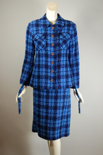 vintage skirt suit 1950s blue plaid ladies S M 37 bust hips 28 29 inch waist lightweight tweed