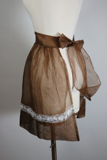 dark brown sheer cotton organdy white lace trim hostess apron 1950s full skirted style size XS to L