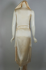1920s sleeveless cream silk satin wedding dress sleeveless with detachable train fringed trim XS 33 inch bust and hips