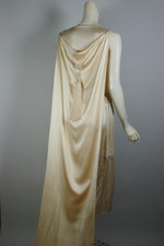 1920s sleeveless cream silk satin wedding dress sleeveless with detachable train fringed trim XS 33 inch bust and hips