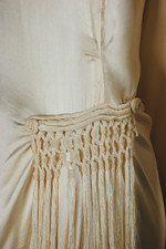 1920s sleeveless cream silk satin wedding dress sleeveless with detachable train fringed trim XS 33 inch bust and hips