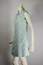 Vintage wedding going-away outfit cream aqua blue gold brocade 1960s dress coat set XS 32-34 bust