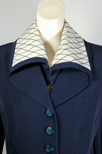 Navy blue off-white Lilli Ann 1950s suit jacket big collar embroidery size medium 38 bust 31 waist