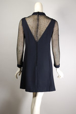 1960s party cocktail mini dress black Mad Men style sheer fishnet sleeves neckline rhinestone trim XS 34 bust