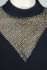 1960s party cocktail mini dress black Mad Men style sheer fishnet sleeves neckline rhinestone trim XS 34 bust