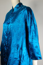 vintage loungewear turquoise aqua blue silk blend robe Asian-style dressing gown 1960s S M 38 inch bust