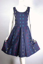 50s 60s sundress and cropped jacket set navy blue eyelash fabric XS S tall size XS-S 27 inch waist