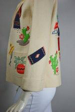 burro corn cacti appliques Mexican tourist jacket 1950s XS cream wool colorful embroidery
