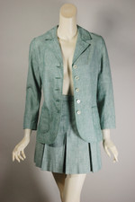 green white chambray lightweight skirt suit early 70s pleated miniskirt XXS XS teen junior