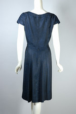 late 50s early 60s skirt suit cocktail dress jacket set blue black silk brocade hourglass fit S 26 waist