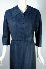 late 50s early 60s skirt suit cocktail dress jacket set blue black silk brocade hourglass fit S 26 waist