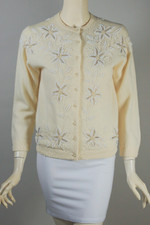 cream white lambswool angora beaded vintage sweater cardigan 1950s 60s size M 38