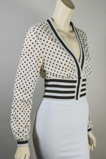 Brown off-white squares jersey knit 70s top cardigan bolero striped ribbed trim XS-S