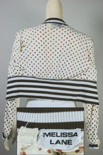 Brown off-white squares jersey knit 70s top cardigan bolero striped ribbed trim XS-S