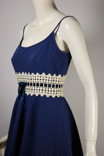 late 1960s 70s minidress sundress cocktail party dress blue white polka dots Bob Bugnand XS 26 waist