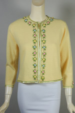 pastel floral embroidered light yellow angora wool blend cardigan sweater 1960s S 36 inch bust