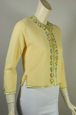 pastel floral embroidered light yellow angora wool blend cardigan sweater 1960s S 36 inch bust
