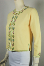 pastel floral embroidered light yellow angora wool blend cardigan sweater 1960s S 36 inch bust
