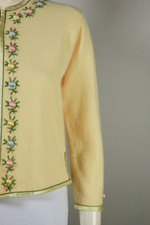 pastel floral embroidered light yellow angora wool blend cardigan sweater 1960s S 36 inch bust