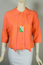 tie-neck blouse 1960s hot pink orange houndstooth mod print top never worn XS S size 36