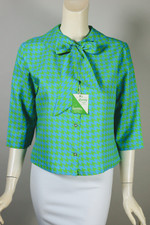 bow neck blouse 1960s bright green aqua houndstooth mod print top deadstock XS S size 36