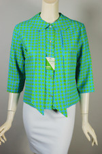 bow neck blouse 1960s bright green aqua houndstooth mod print top deadstock XS S size 36