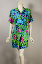 vintage 80s deadstock shorts outfit romper green blue pink rayon Hawaiian floral vacation style S-M