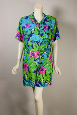 vintage 80s deadstock shorts outfit romper green blue pink rayon Hawaiian floral vacation style S-M