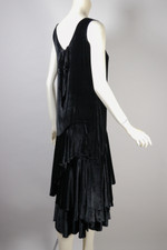 late 1920s evening party dress draped black rayon velvet bias cut tiered hem dropped waist XS 32 bust 35 inch hips