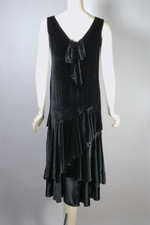 late 1920s evening party dress draped black rayon velvet bias cut tiered hem dropped waist XS 32 bust 35 inch hips