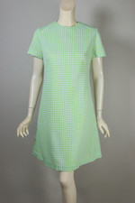 green white geometric textured squares pattern 1960s 70s polyester shift mini dress size M