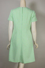 green white geometric textured squares pattern 1960s 70s polyester shift mini dress size M