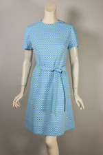 white blue aqua geometric textured dots 1960s 70s polyester shift mini dress size M