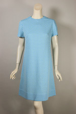 white blue aqua geometric textured dots 1960s 70s polyester shift mini dress size M