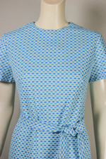 white blue aqua geometric textured dots 1960s 70s polyester shift mini dress size M