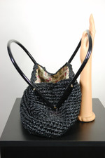 large vintage summer handbag black crochet straw 1960s Morris Moskowitz purse