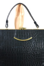 larger size black patent textured vinyl alligator-stamped 1960s handbag purse