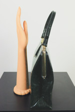 larger size black patent textured vinyl alligator-stamped 1960s handbag purse